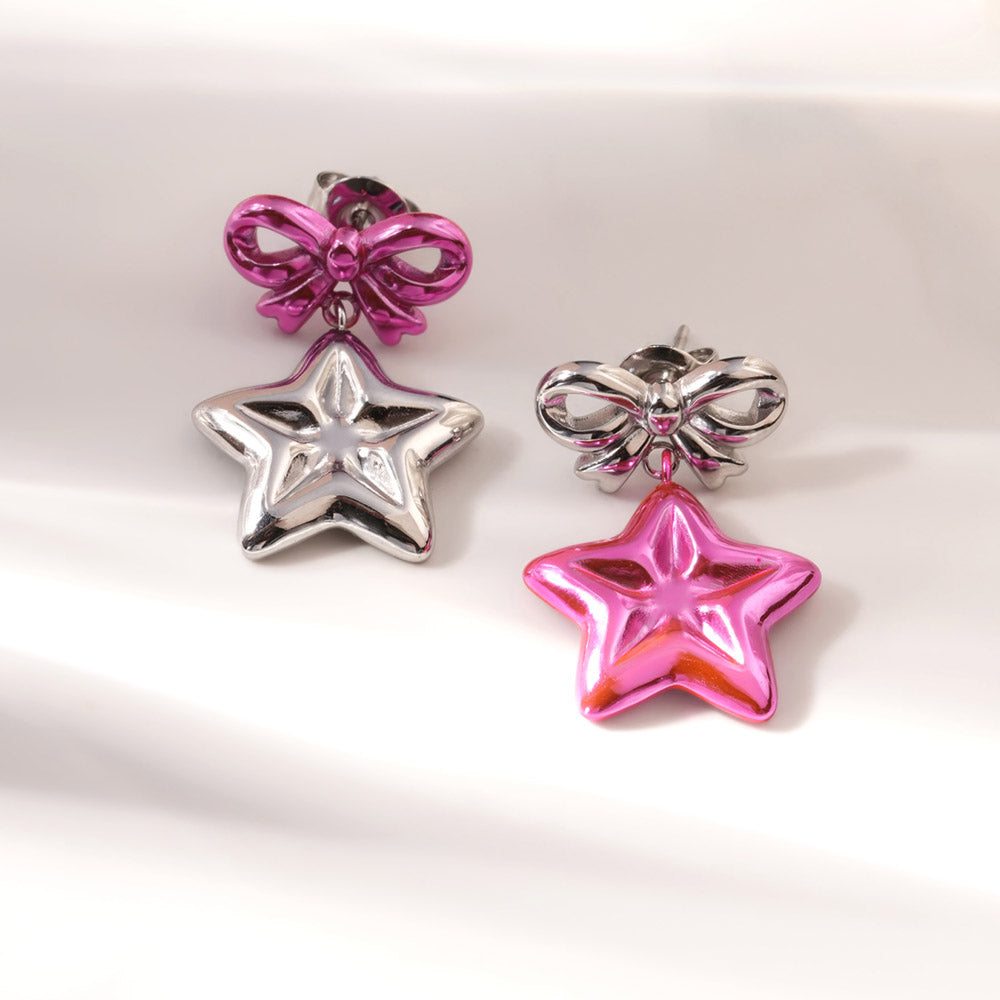 Cute Pink Bow & Star Drop Earrings