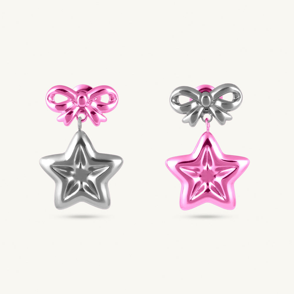 Cute Pink Bow & Star Drop Earrings