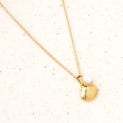 Golden Seashell Pendant with Pearl Drop Necklace