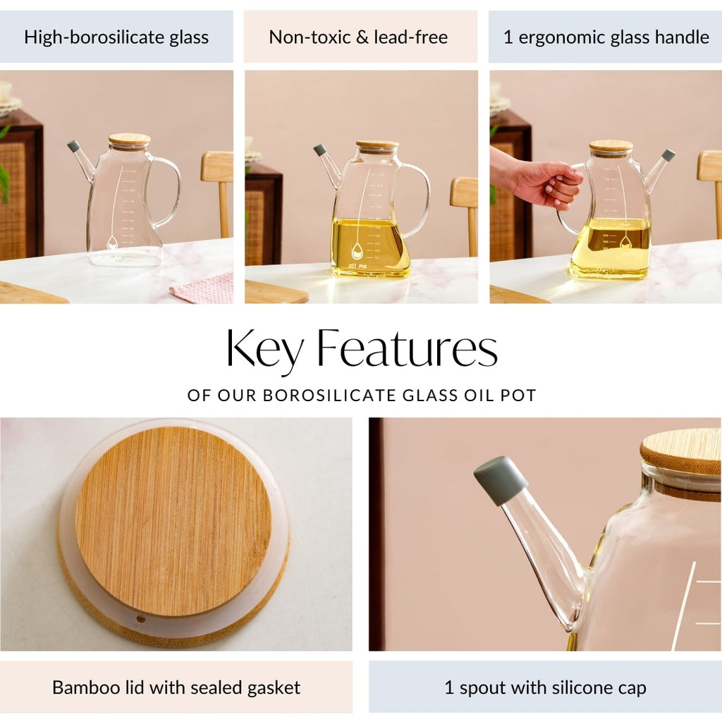 Curved Borosilicate Glass Oil Pot With Measurement Markings 1000ml