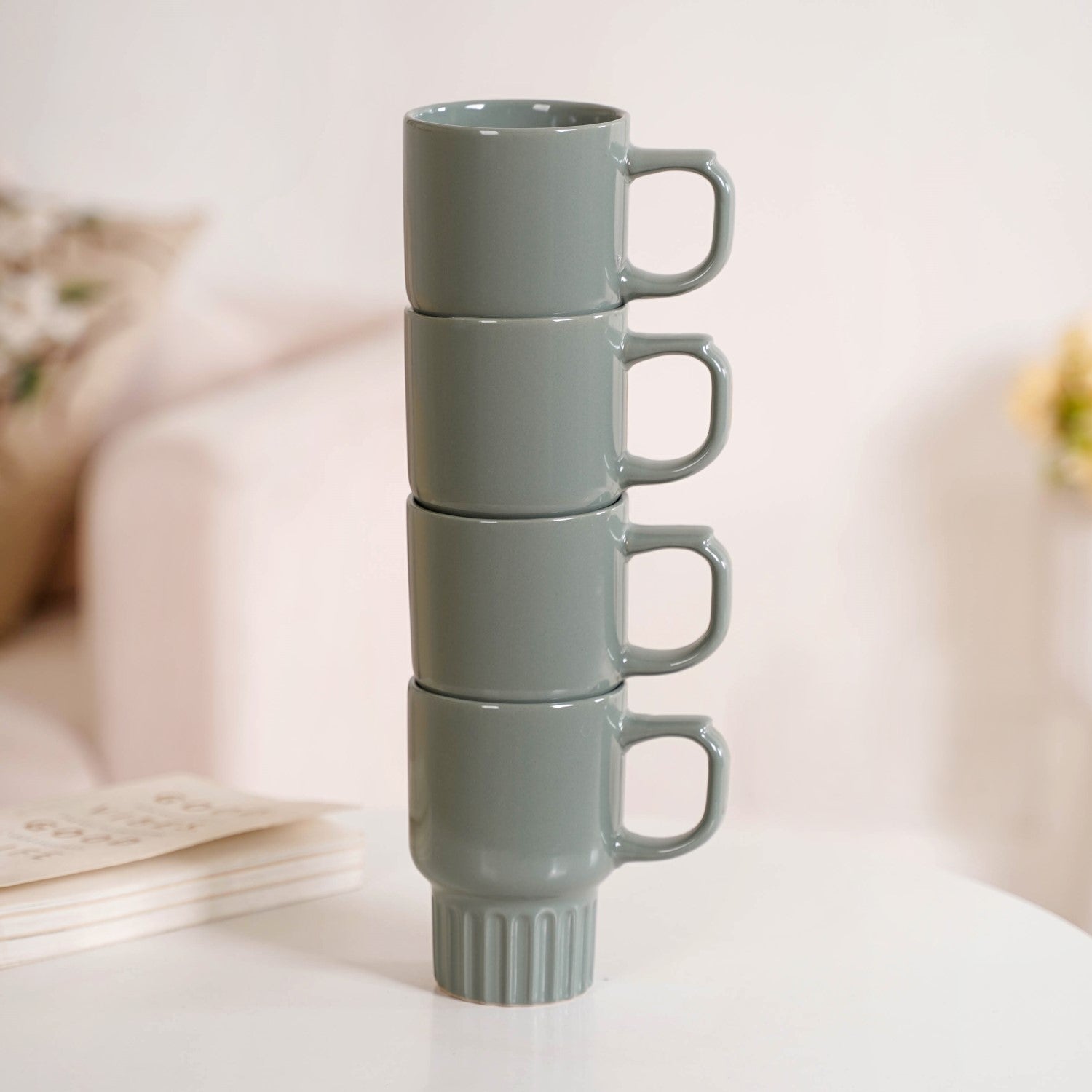 Ribelle Ceramic Stackable Mug Set Of 4 Sage Green 270ml