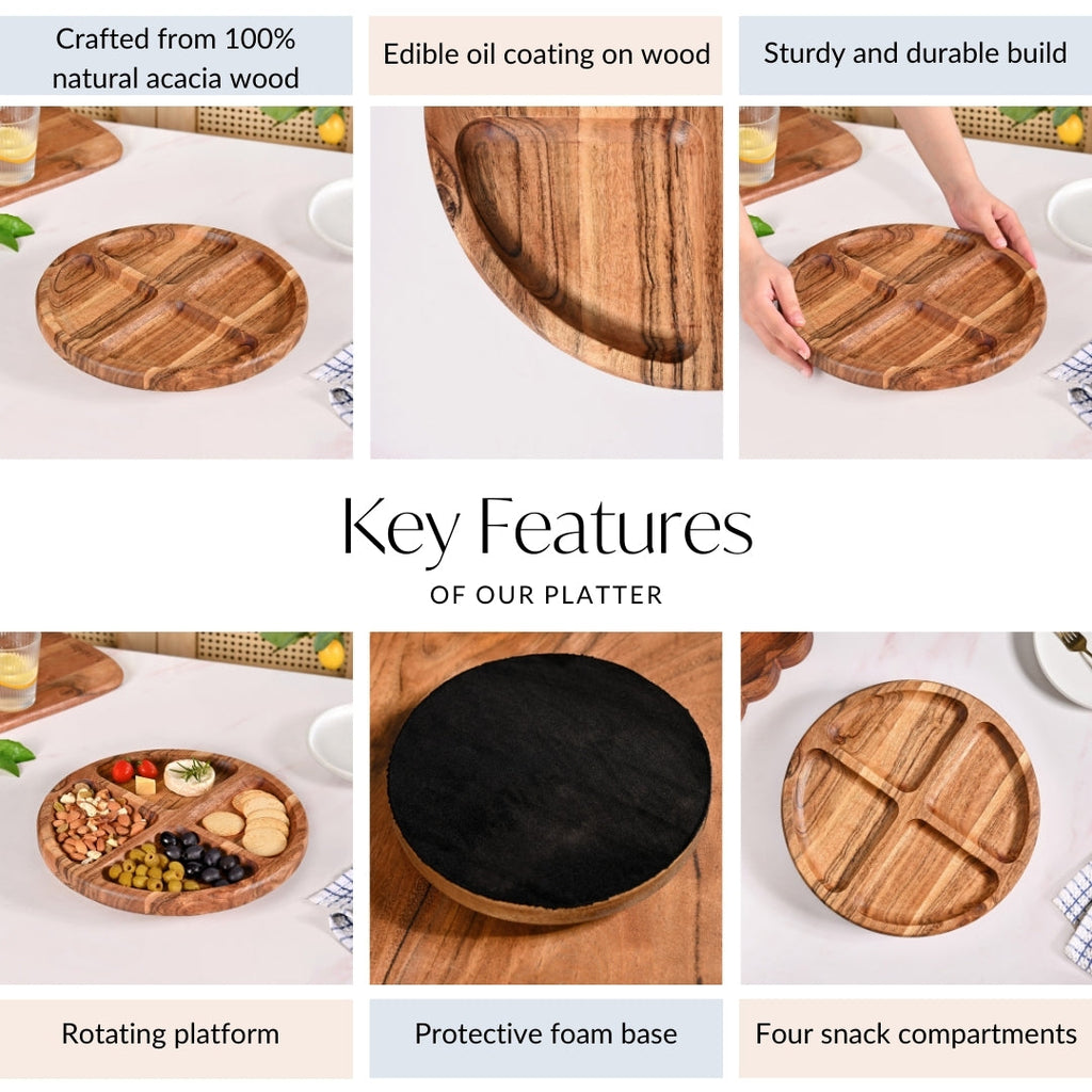 Sectioned Acacia Wood Lazy Susan Platter 30cm