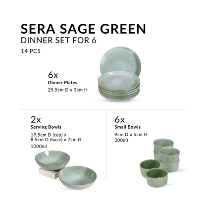 Sera Sage Green 14 Piece Ceramic Dinner Set For 6