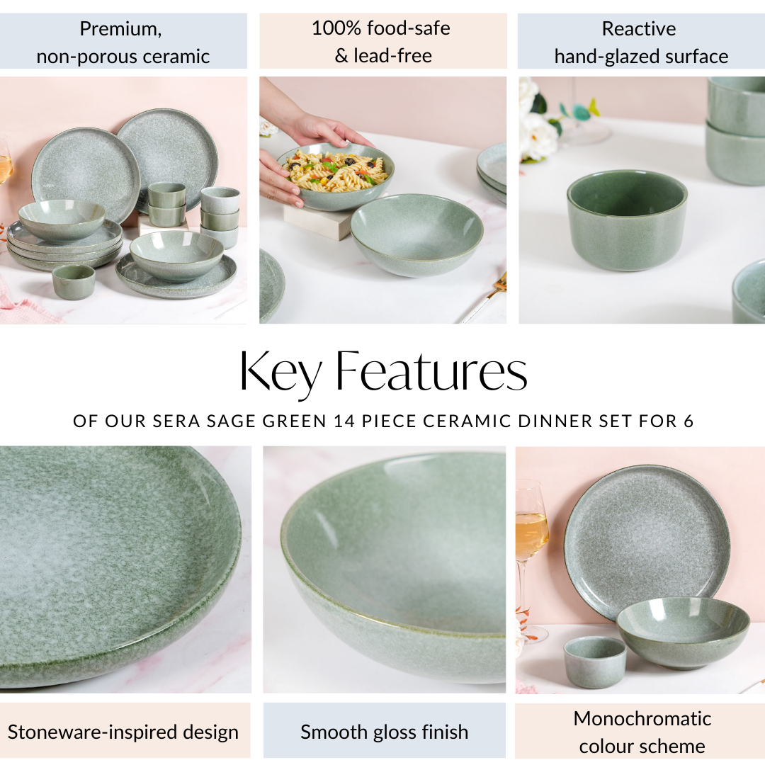 Sera Sage Green 14 Piece Ceramic Dinner Set For 6