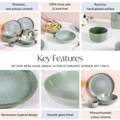 Sera Sage Green 14 Piece Ceramic Dinner Set For 6