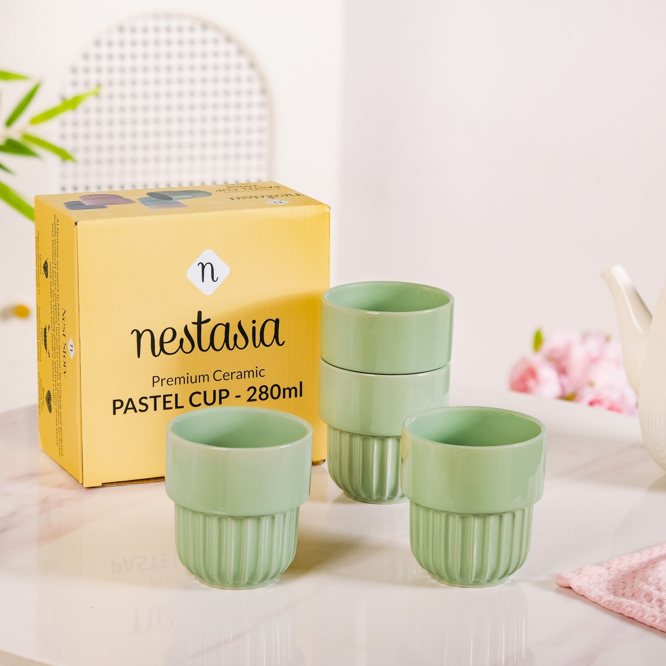 Serene Sage Stackable Ceramic Cup Set Of 4 280ml