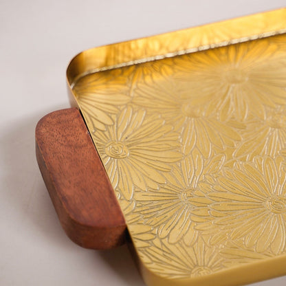 Large Daisy Embossed Metal Tray With Mango Wood Handles