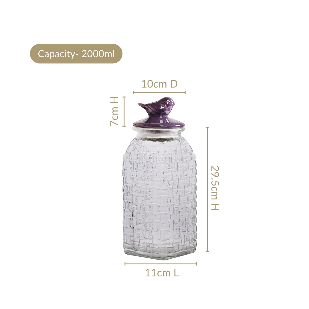 Set Of 2 Basket Weave Glass Jar With Purple Bird Lid 2000ml