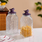 Set Of 2 Basket Weave Glass Jar With Purple Bird Lid 2000ml