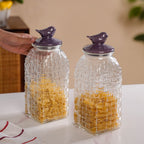 Set Of 2 Basket Weave Glass Jar With Purple Bird Lid 2000ml
