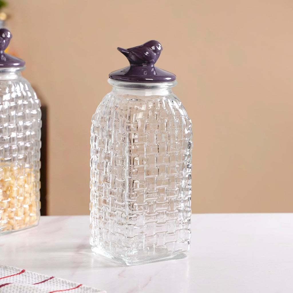 Set Of 2 Basket Weave Glass Jar With Purple Bird Lid 2000ml