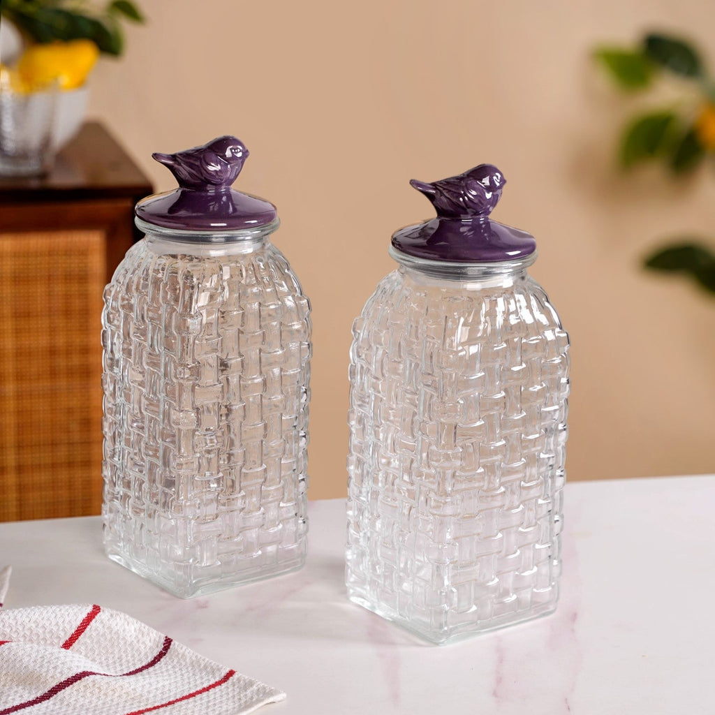 Set Of 2 Basket Weave Glass Jar With Purple Bird Lid 2000ml