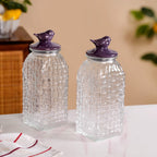 Set Of 2 Basket Weave Glass Jar With Purple Bird Lid 2000ml