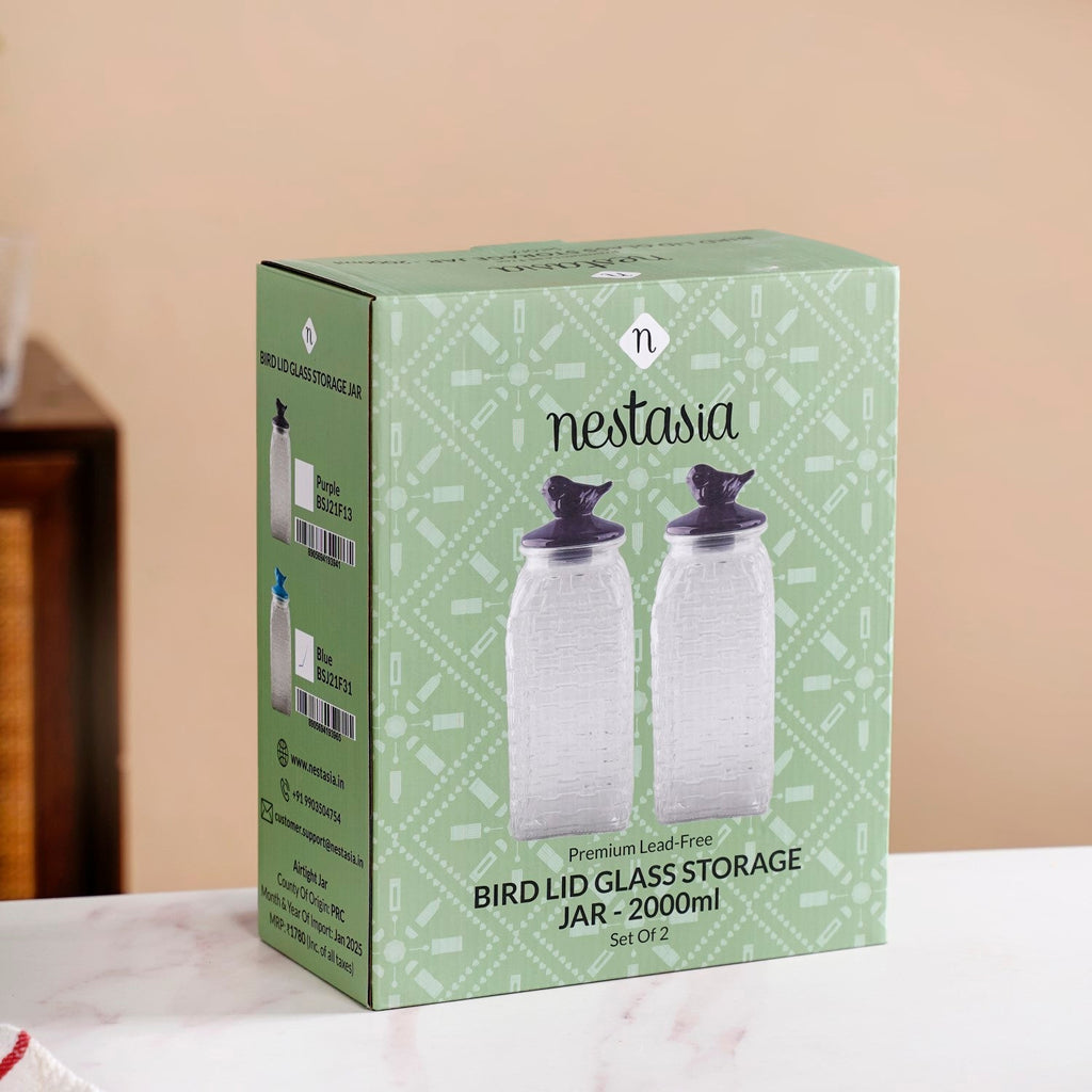 Set Of 2 Basket Weave Glass Jar With Purple Bird Lid 2000ml