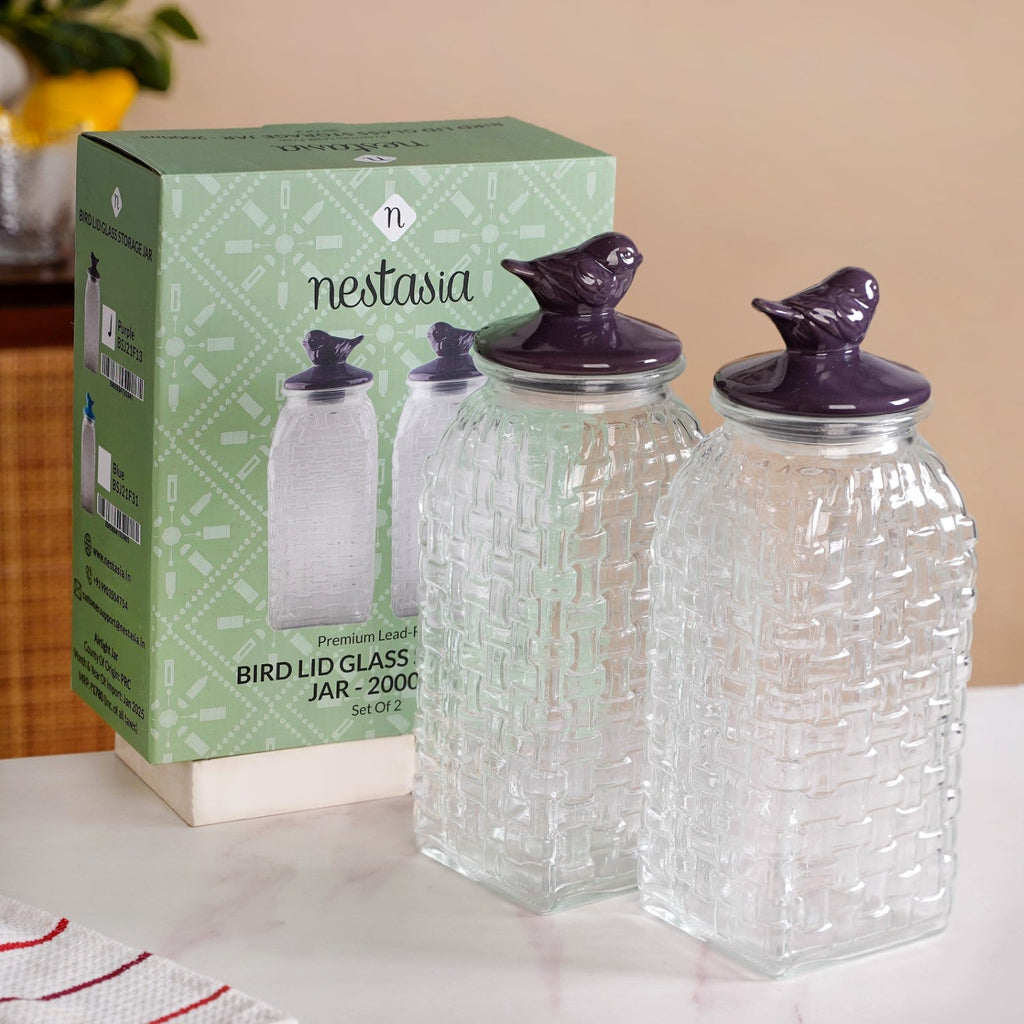 Set Of 2 Basket Weave Glass Jar With Purple Bird Lid 2000ml