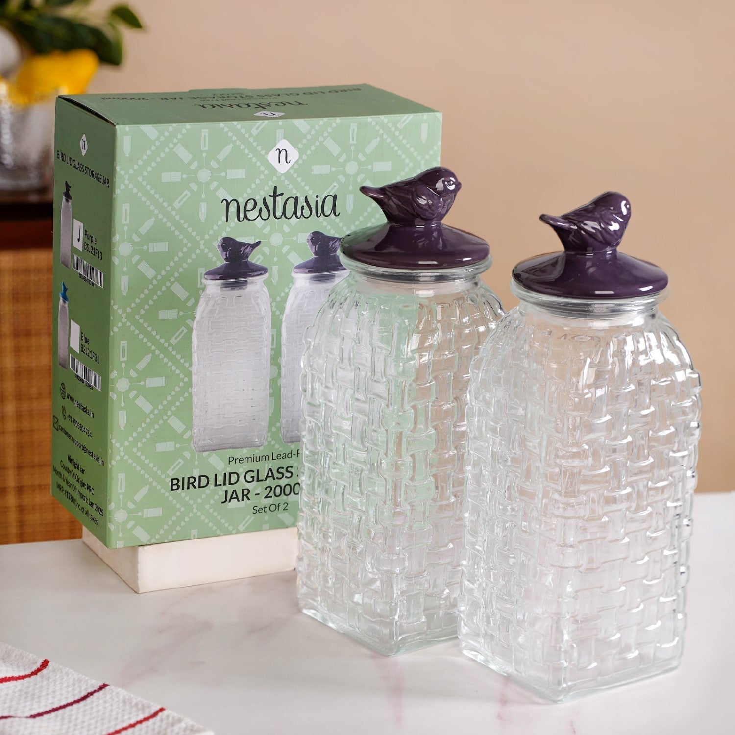 Set Of 2 Basket Weave Glass Jar With Purple Bird Lid 2000ml