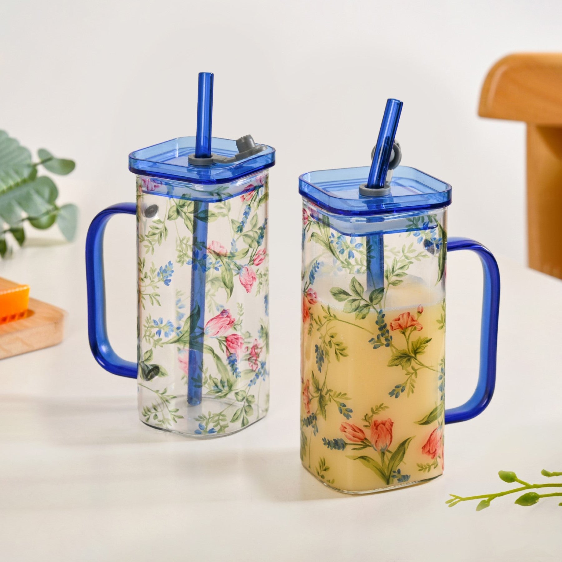 Set Of 2 Blue Floral Leakproof Travel Glass Sipper Cup With Straw 365ml