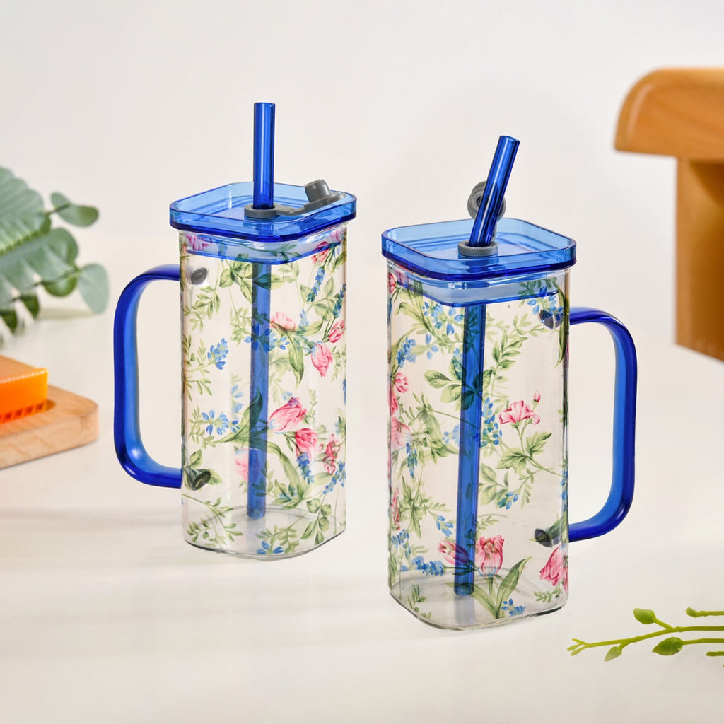 Set Of 2 Blue Floral Leakproof Travel Glass Sipper Cup With Straw 365ml