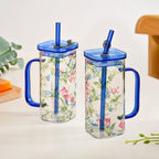 Set Of 2 Blue Floral Leakproof Travel Glass Sipper Cup With Straw 365ml