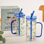 Set Of 2 Blue Floral Leakproof Travel Glass Sipper Cup With Straw 365ml