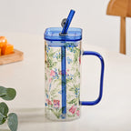 Set Of 2 Blue Floral Leakproof Travel Glass Sipper Cup With Straw 365ml