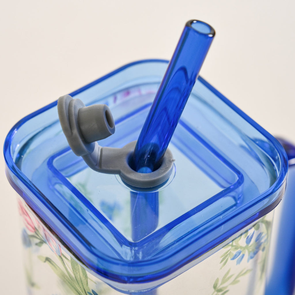 Set Of 2 Blue Floral Leakproof Travel Glass Sipper Cup With Straw 365ml