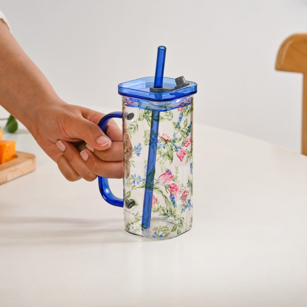 Set Of 2 Blue Floral Leakproof Travel Glass Sipper Cup With Straw 365ml