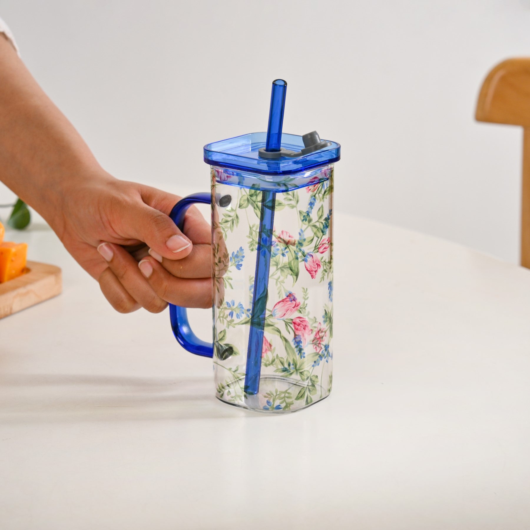 Set Of 2 Blue Floral Leakproof Travel Glass Sipper Cup With Straw 365ml