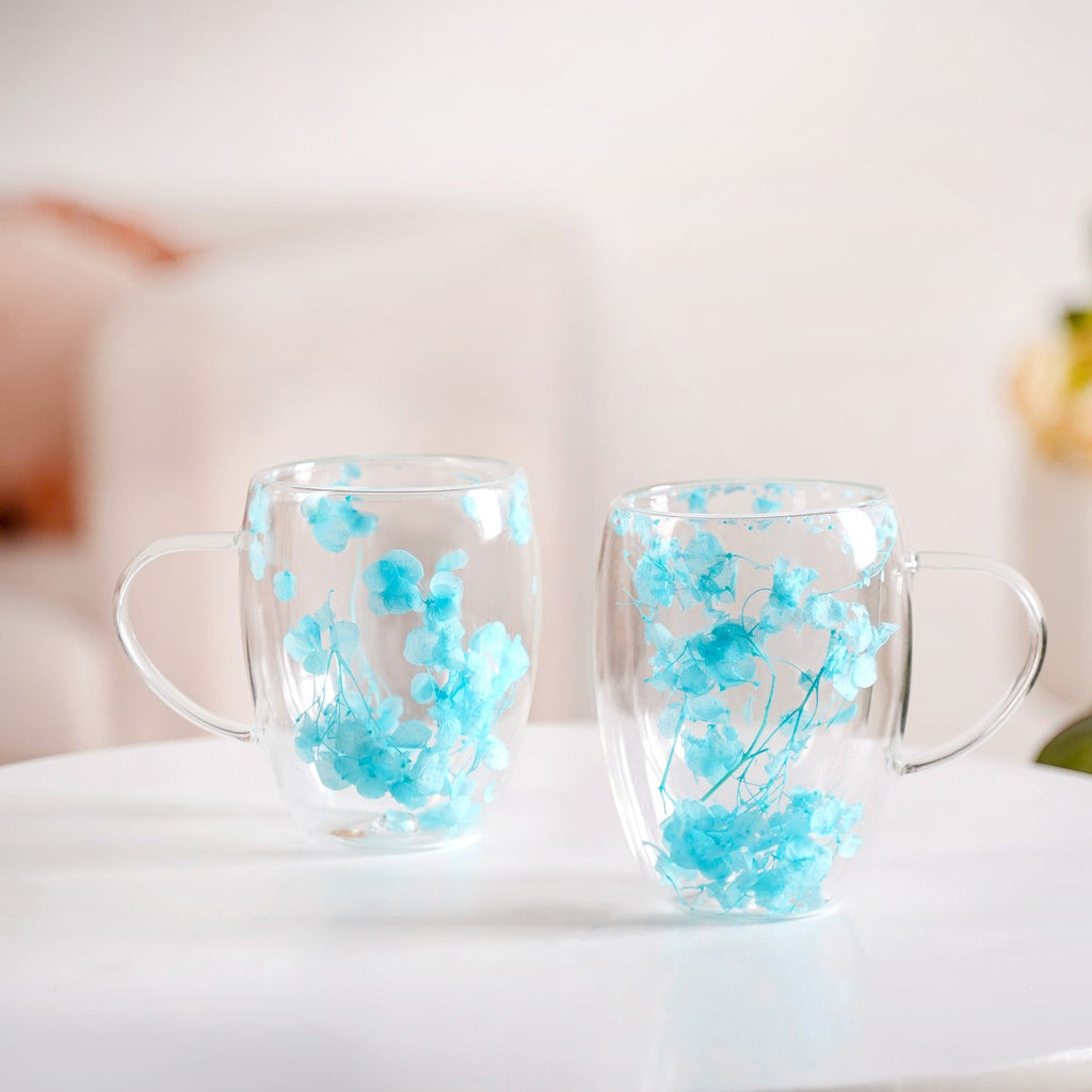 Set Of 2 Double Walled Flower Coffee Mug Blue 350ml