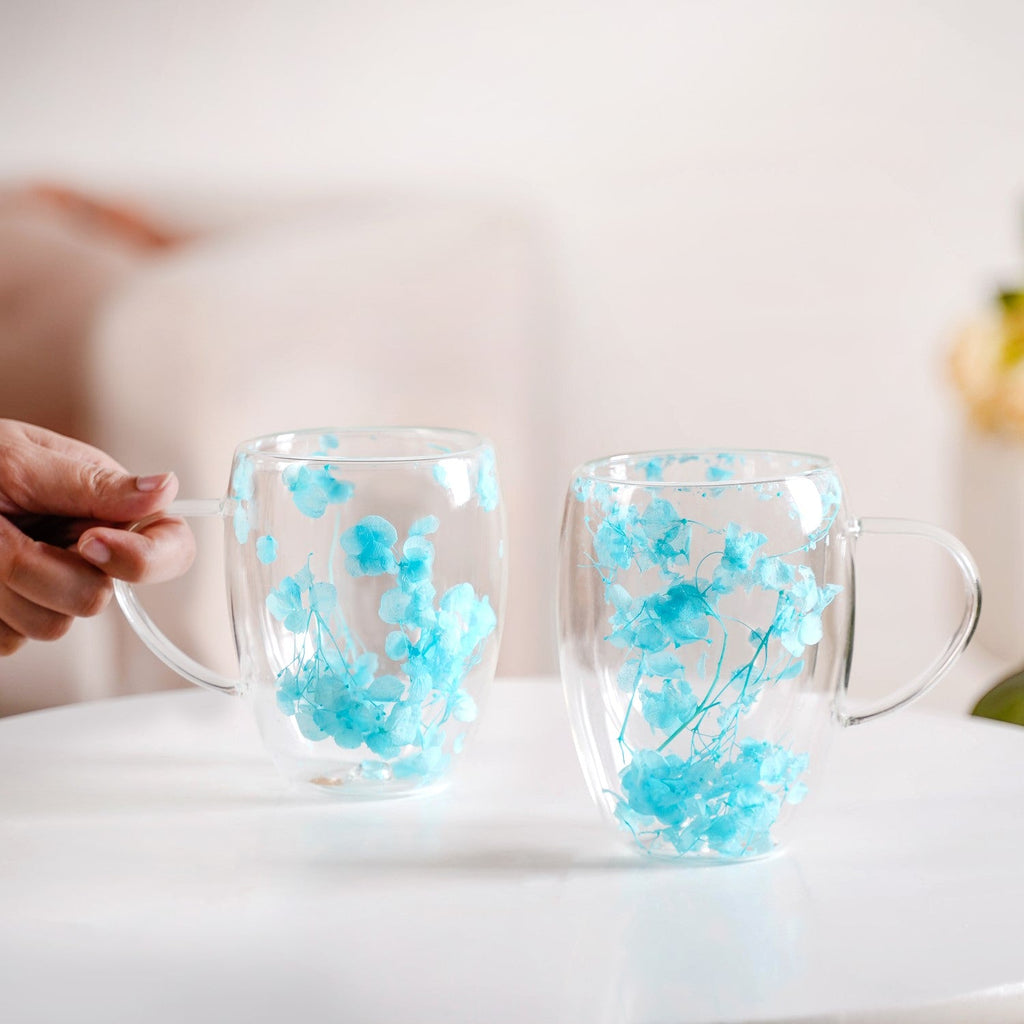 Set Of 2 Double Walled Flower Coffee Mug Blue 350ml