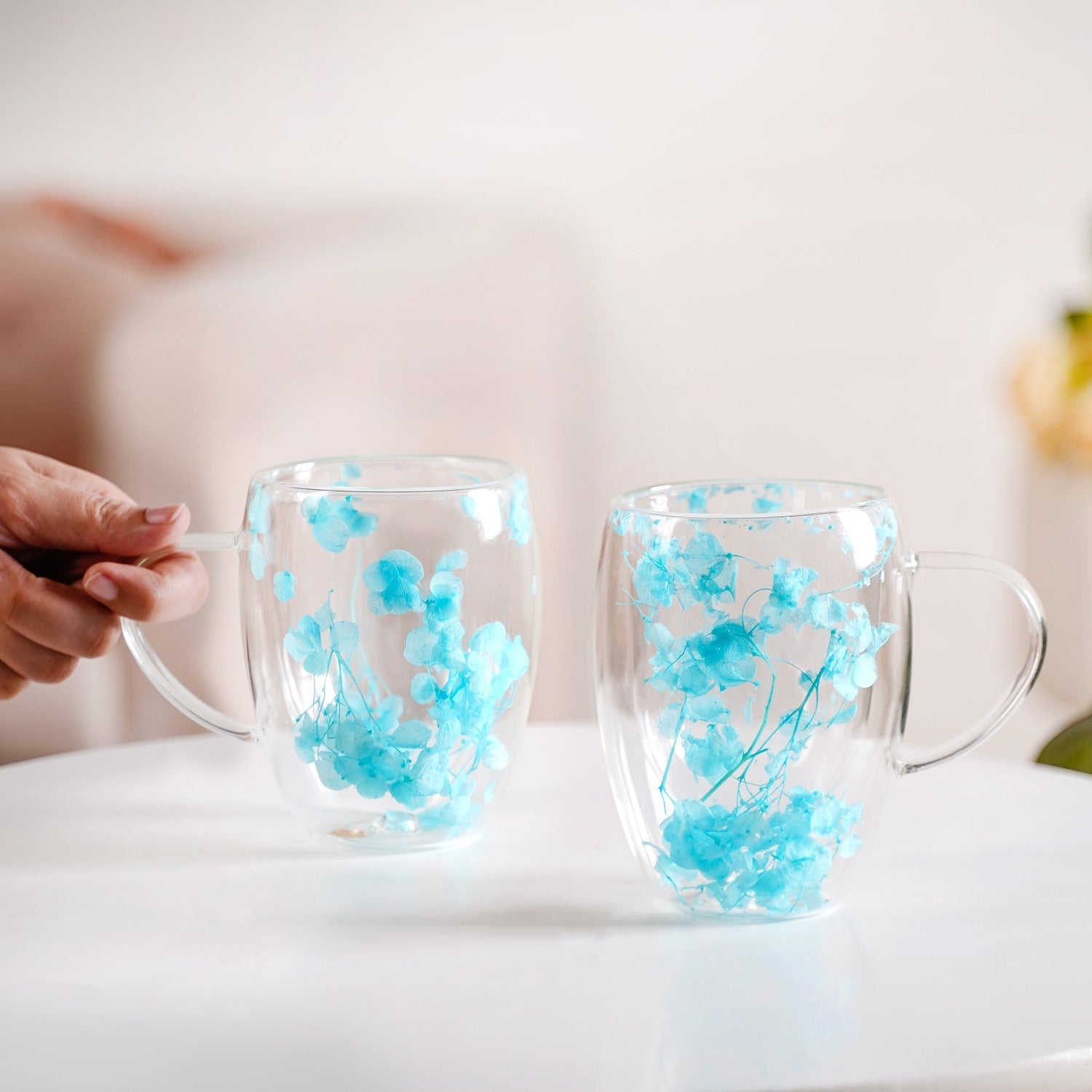 Set Of 2 Double Walled Flower Coffee Mug Blue 350ml