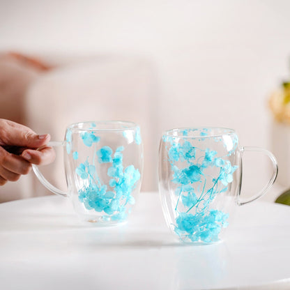 Set Of 2 Double Walled Flower Coffee Mug Blue 350ml