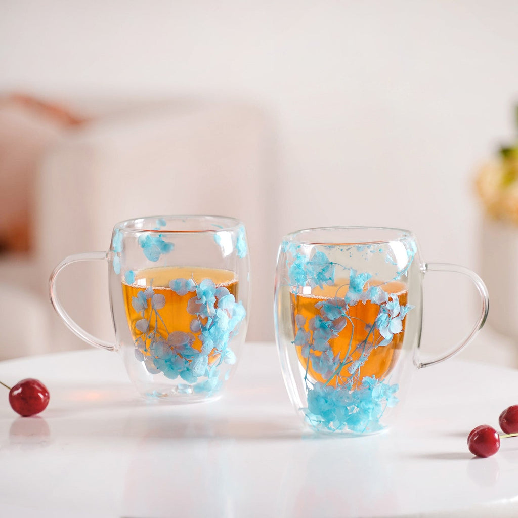 Set Of 2 Double Walled Flower Coffee Mug Blue 350ml