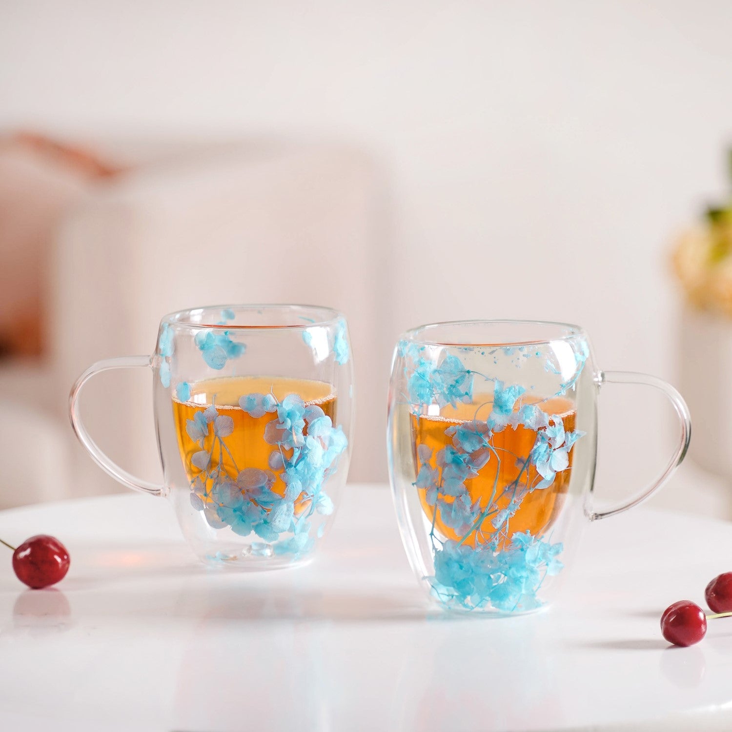 Set Of 2 Double Walled Flower Coffee Mug Blue 350ml