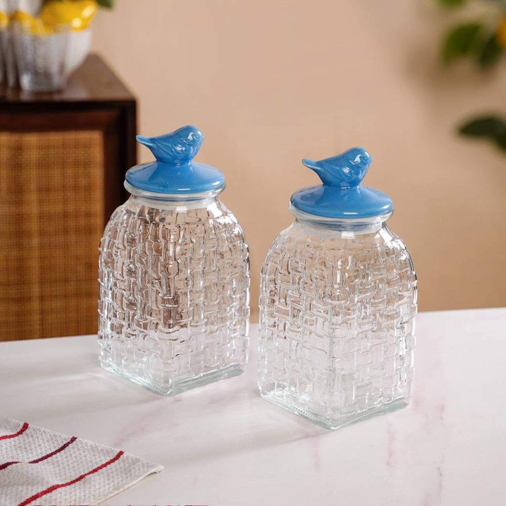 Bird Glass Jar With Blue Ceramic Lid Set Of 2 1500ml