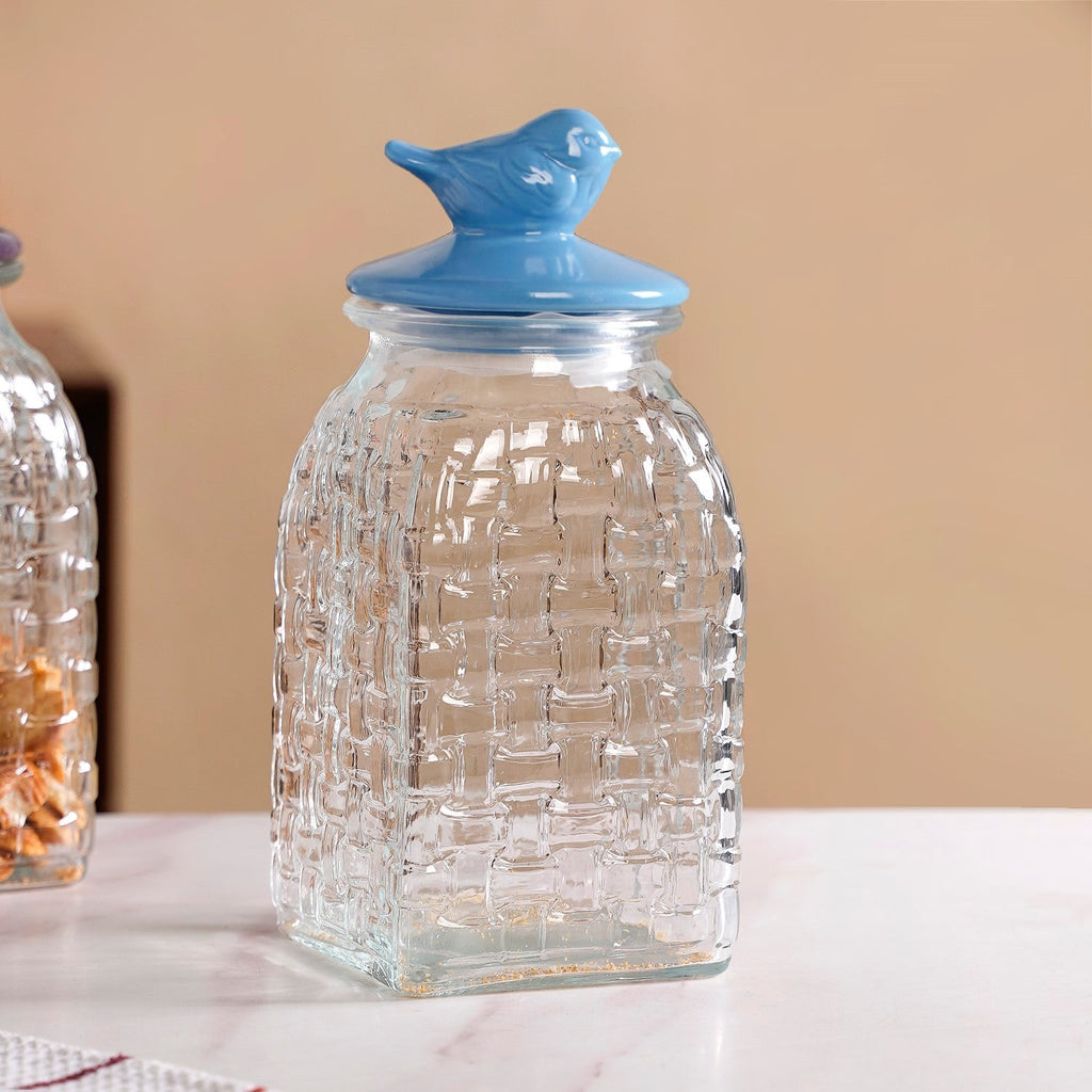 Bird Glass Jar With Blue Ceramic Lid Set Of 2 1500ml
