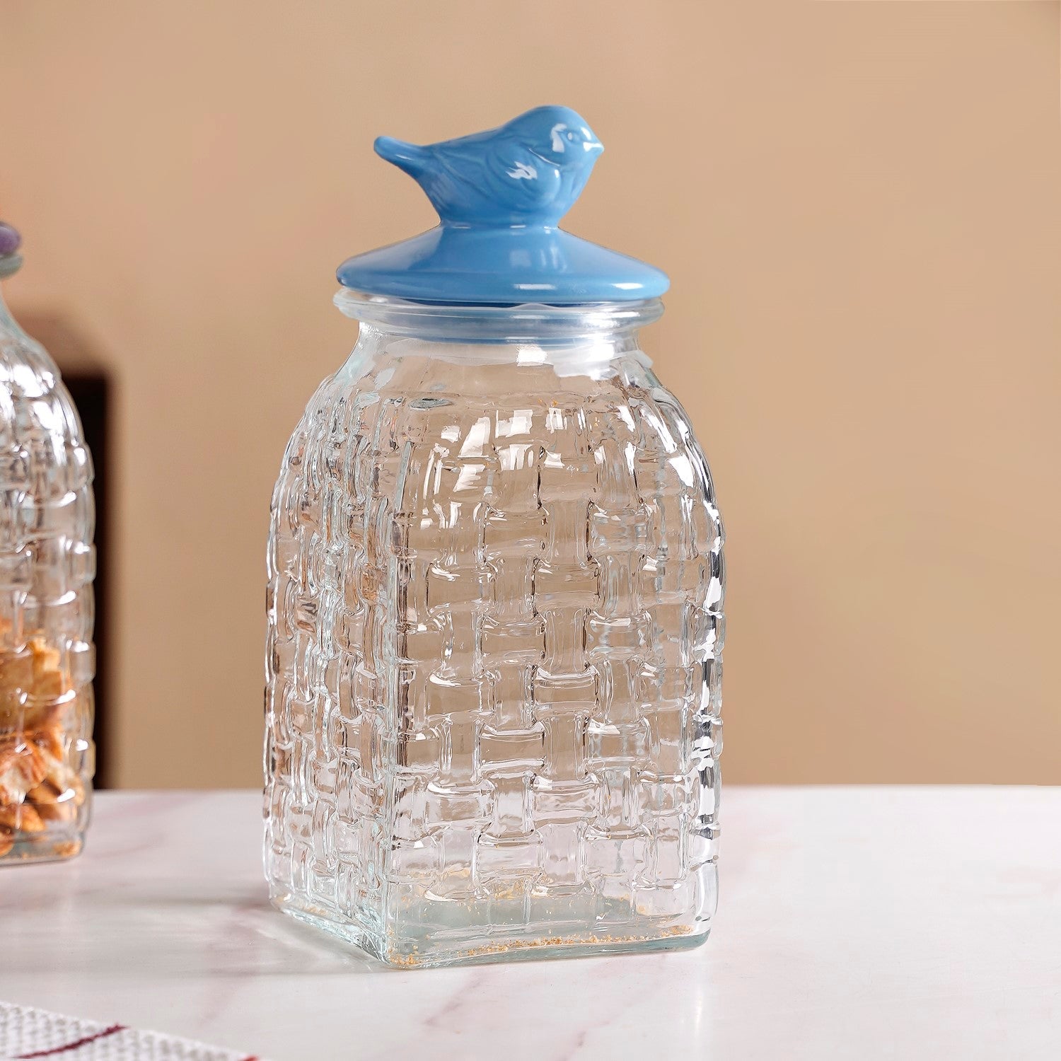 Bird Glass Jar With Blue Ceramic Lid Set Of 2 1500ml