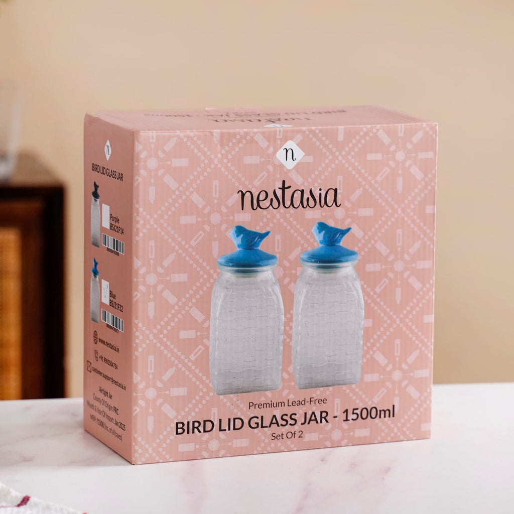 Bird Glass Jar With Blue Ceramic Lid Set Of 2 1500ml