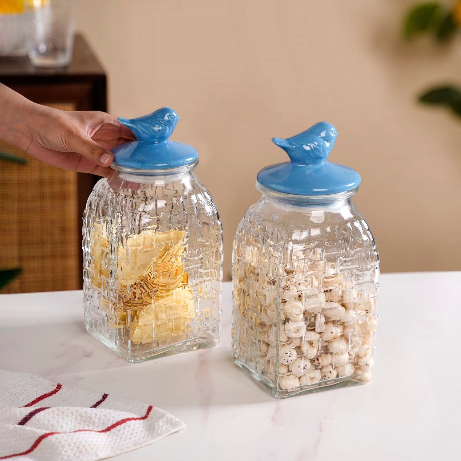 Bird Glass Jar With Blue Ceramic Lid Set Of 2 1500ml