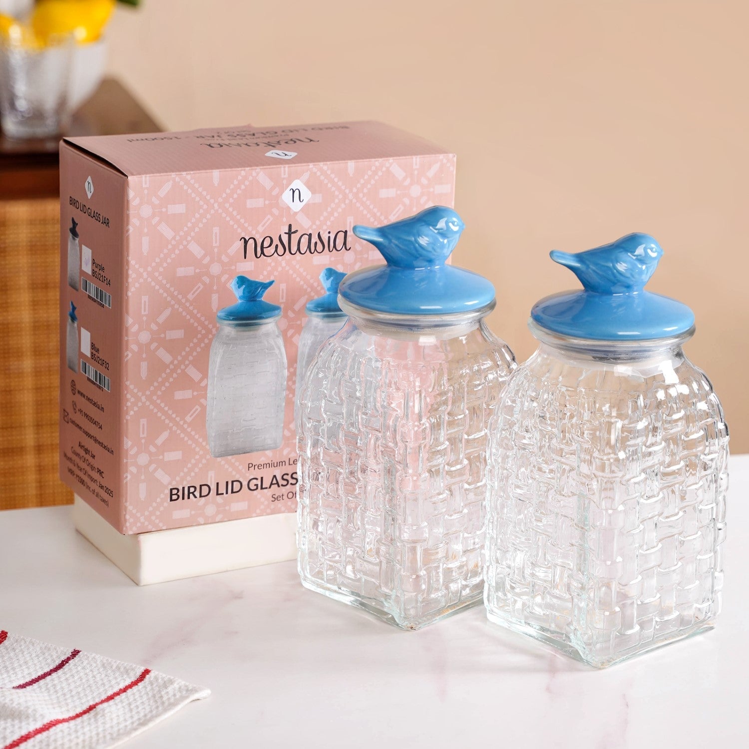 Bird Glass Jar With Blue Ceramic Lid Set Of 2 1500ml