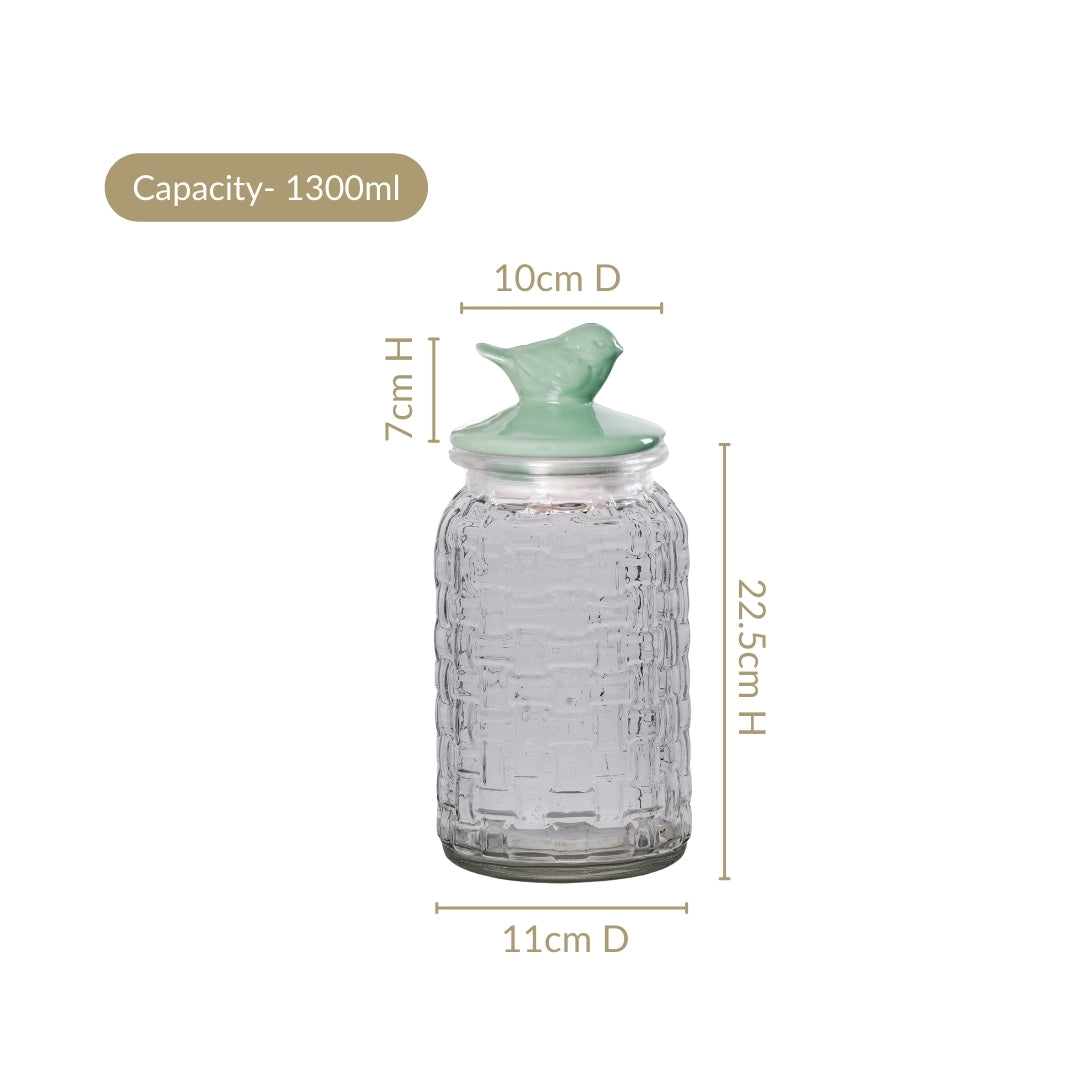 Set Of 2 Glass Jars With Green Bird Lid 1300ml