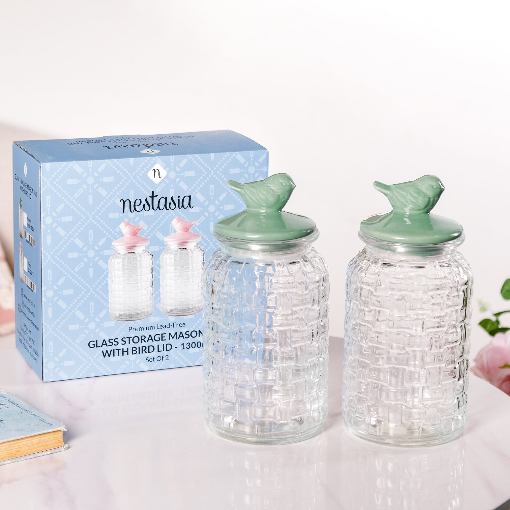 Set Of 2 Glass Jars With Green Bird Lid 1300ml