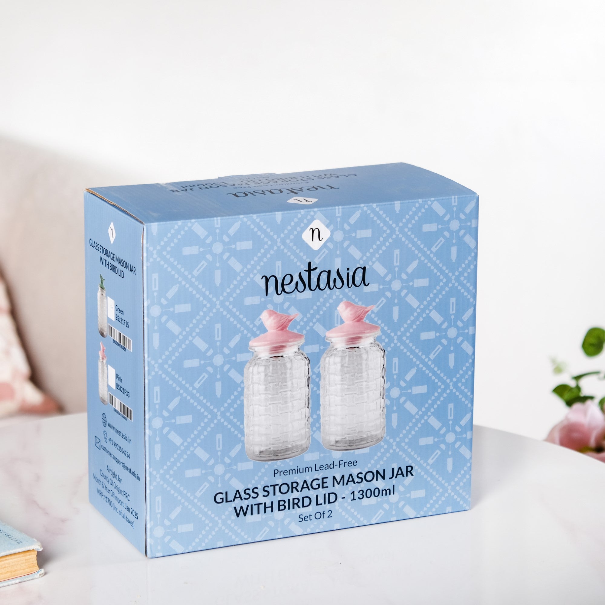 Set Of 2 Glass Jars With Green Bird Lid 1300ml