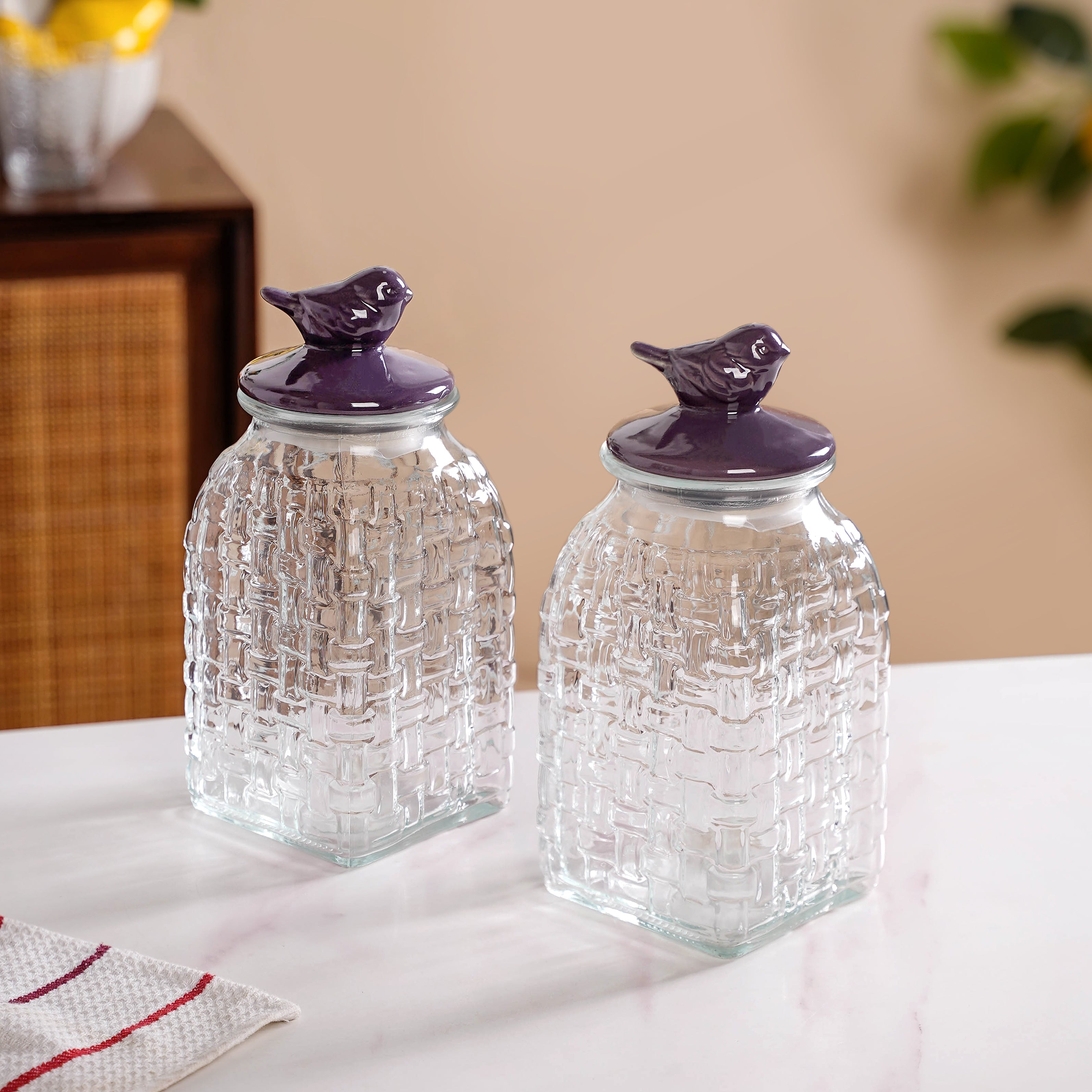 Set Of 2 Glass Storage Container with Ceramic Bird Lid 1500ml
