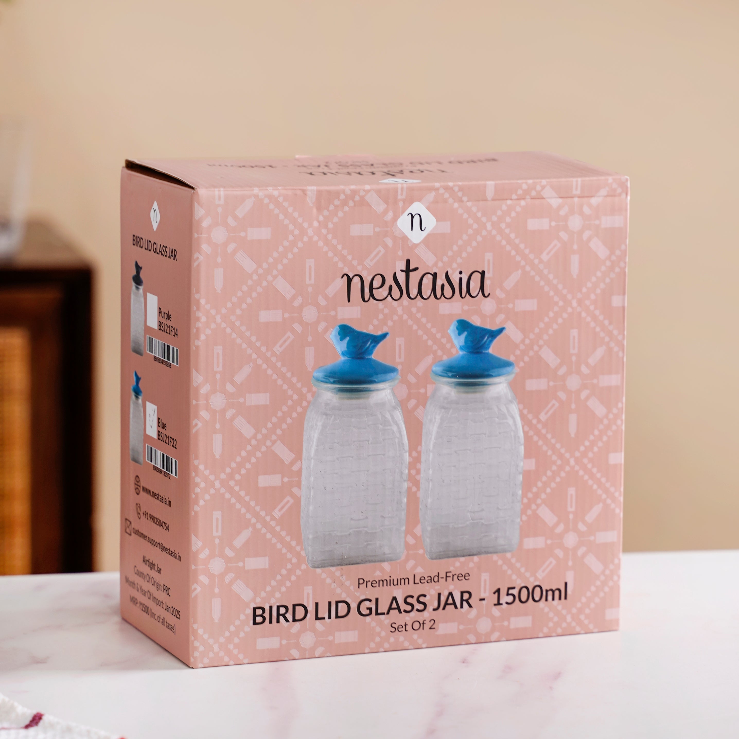 Set Of 2 Glass Storage Container with Ceramic Bird Lid 1500ml