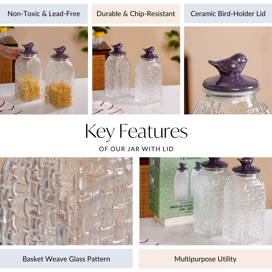 Set Of 2 Basket Weave Glass Jar With Purple Bird Lid 2000ml