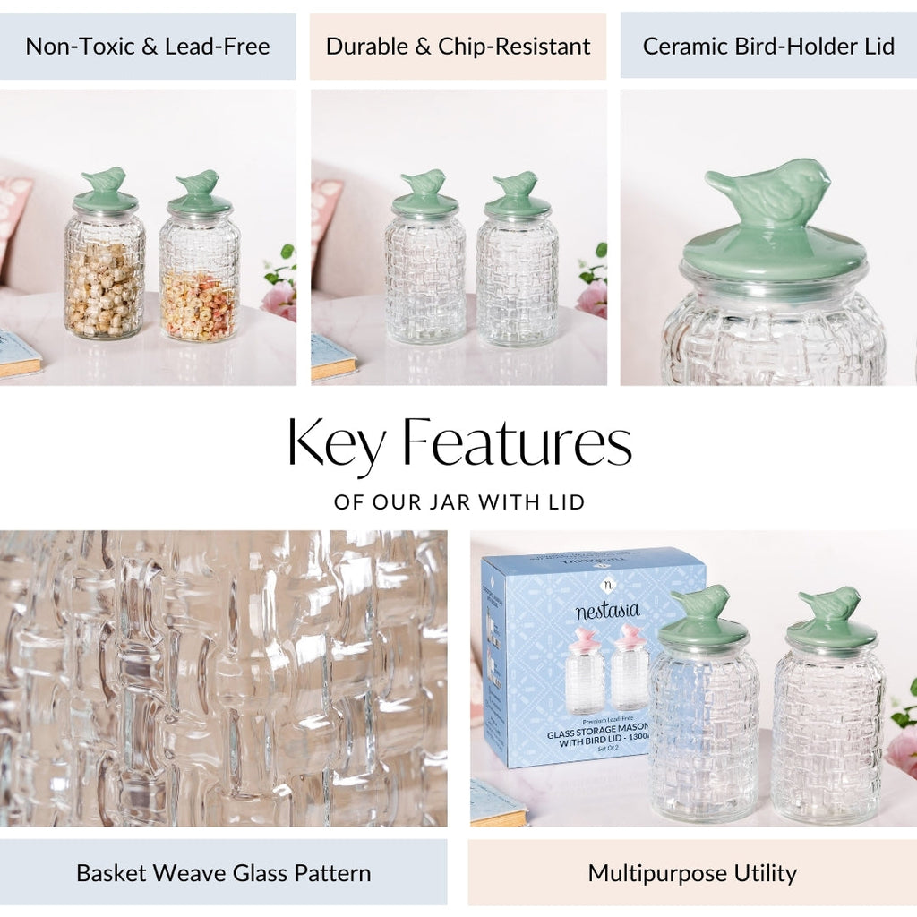 Set Of 2 Glass Jars With Green Bird Lid 1300ml