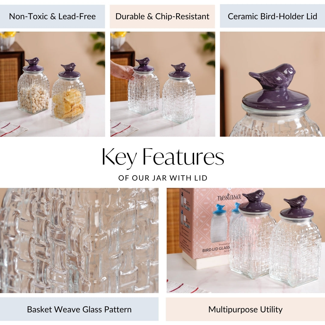 Set Of 2 Glass Storage Container with Ceramic Bird Lid 1500ml