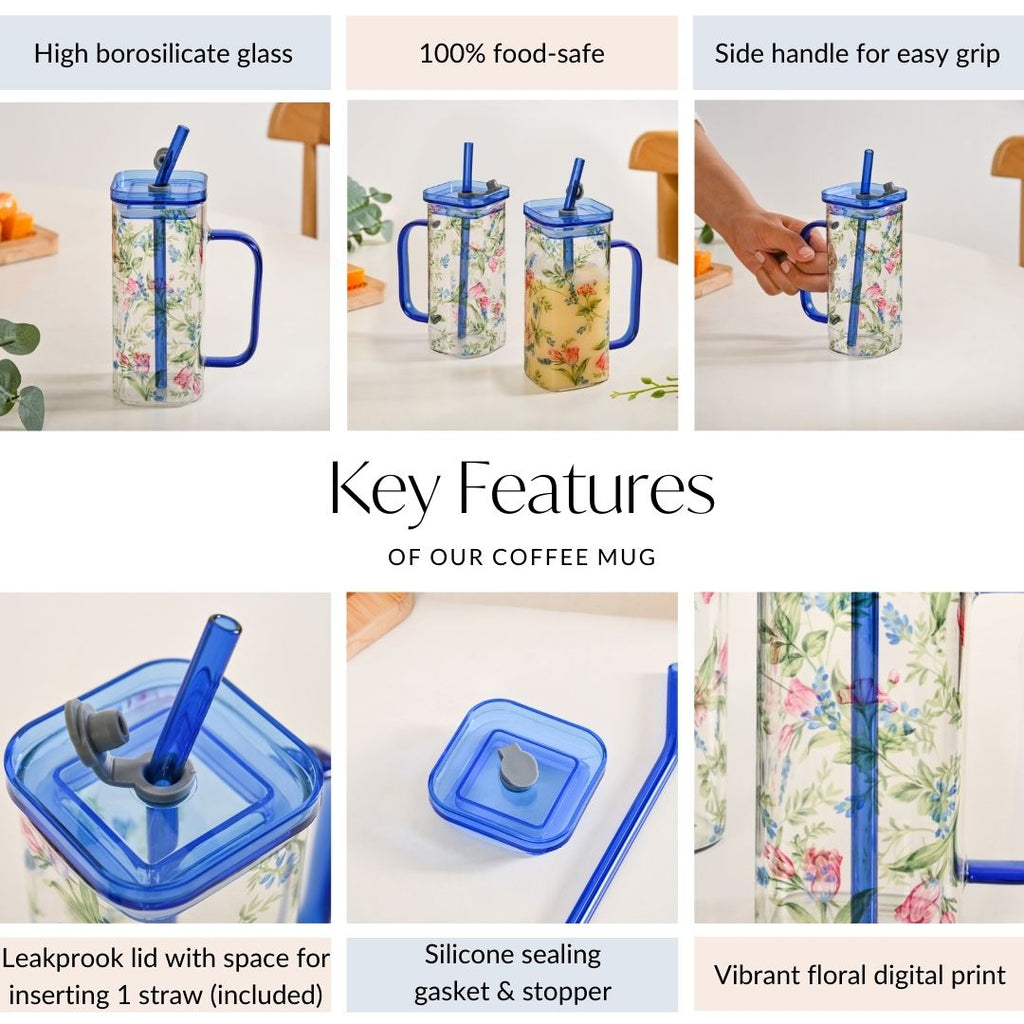 Set Of 2 Blue Floral Leakproof Travel Glass Sipper Cup With Straw 365ml