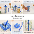 Set Of 2 Blue Floral Leakproof Travel Glass Sipper Cup With Straw 365ml